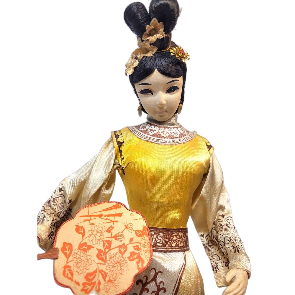 Vintage Chinese Doll Marked Taiwan 15" Silk Hanfu with Paper Fan